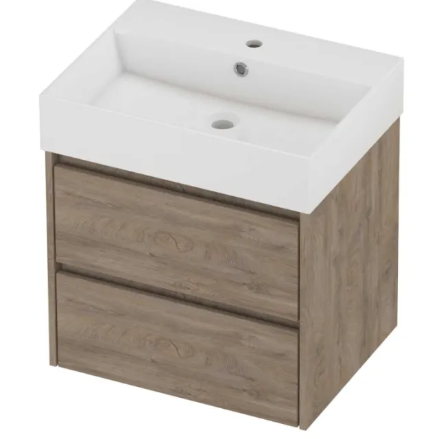 Proline Zara Badmeubelset Porselein Loft 1 Kraangat Symmetrisch 60x46x65 cm Glans Wit Raw Oak Eiken