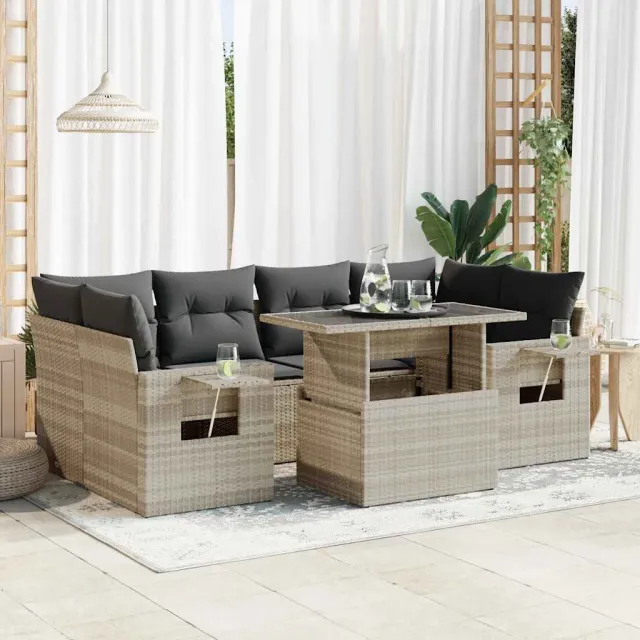 vidaXL 7-delige Loungeset met kussens poly rattan lichtgrijs grijs, foto 2