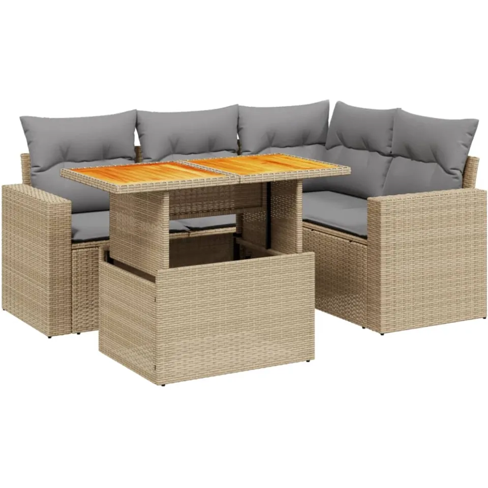 vidaXL 5-delige Loungeset met kussens poly rattan beige, foto 3