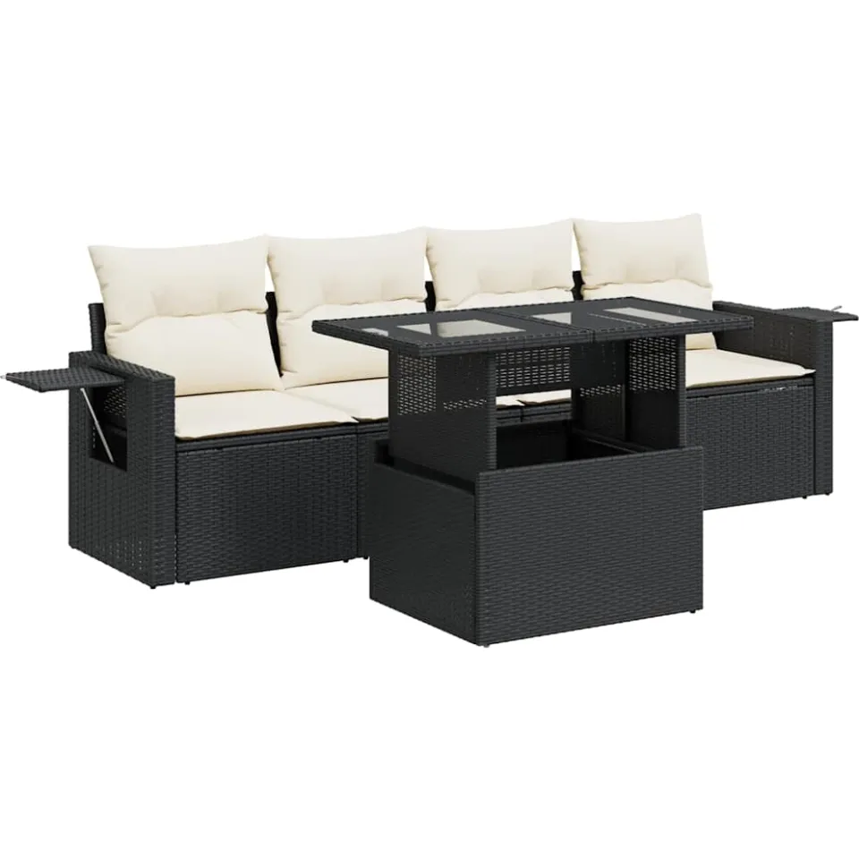vidaXL 5-delige Loungeset met kussens poly rattan zwart, foto 3