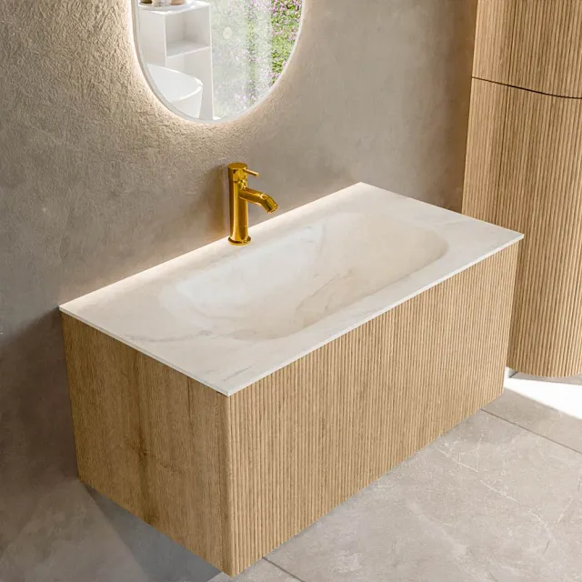 Mondiaz KURVE-DLUX 90 cm Onderkast Greeploos 1 Lade Zonder Deuren Oak, Wastafel Solid Surface Midden Ostra 1 Kraangat Zonder Spiegel (KRVBGS901L0D1KM-Oak/Ost)