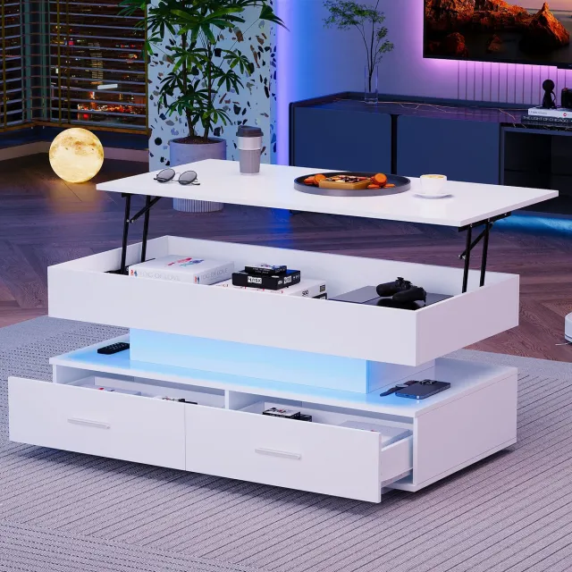 Clruro Hydraulische Salontafel - 100x50x44 cm - Verstelbare Hoogte - LED Verlichting - Bluetooth APP - Wit