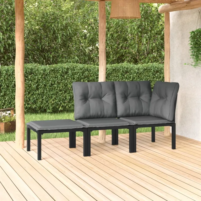 vidaXL 3-delige Loungeset met kussens poly rattan zwart en grijs, foto 2