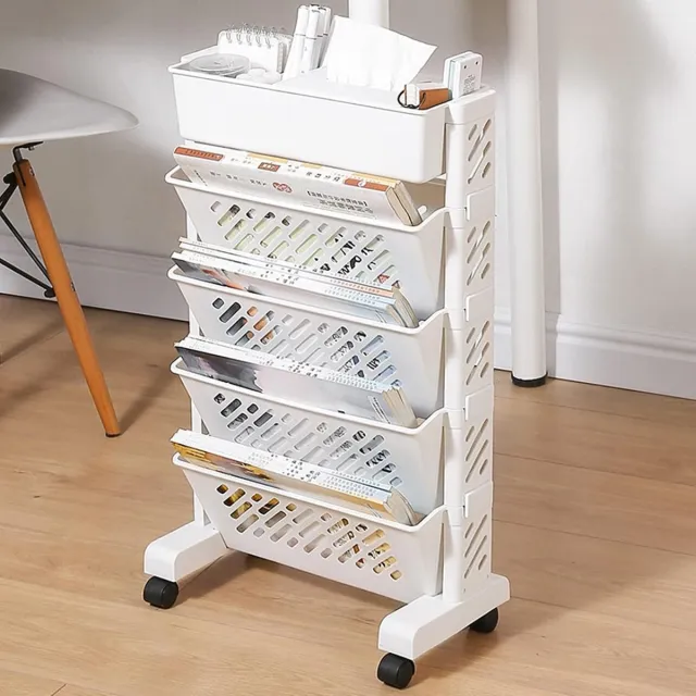PerGar Verplaatsbare Boekenplank - Grote Capaciteit Verplaatsbare Boekenplank Bureau Bestandsorganizer met Wiel Meerlaags Draaibaar Verwijderbaar Plastic Praktische Rollende Organisatieplank - (5 laags)