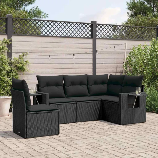 vidaXL 5-delige Loungeset met kussens poly rattan zwart, foto 2