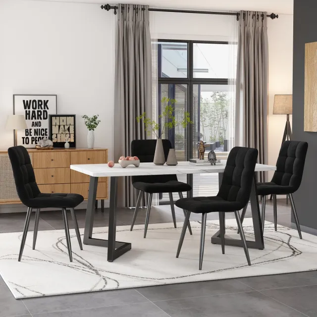 Clruro Eettafel - 117x68 cm - Rechthoekige Tafel Modern - Inclusief 4 Stoelen Zwarte Fluweel - Metaal - Zwart