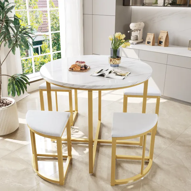 intebiki eetkamerset set van 5 - 80x80cm eettafel met 4 stoelen - Wit MDF - Goudkleurig metalen poten - Wit fluwelen eetkamerstoel Wit+Goud