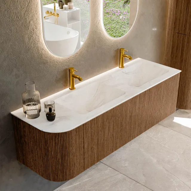 Mondiaz KURVE-DLUX 145 cm Onderkast Greeploos 1 Lade Met Deuren Walnut, Wastafel Solid Surface Rechts Ostra 2 Kraangaten Zonder Spiegel (KRVLEA145L1L1D2KD-Wal/Ost)