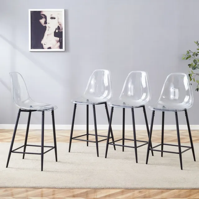 OKWISH Barkruk Set Van 4 – Transparante Barkruk Met Rugleuning – Voor Keuken Bar En Eetkamer – Kunststof En Metaal – Zwart