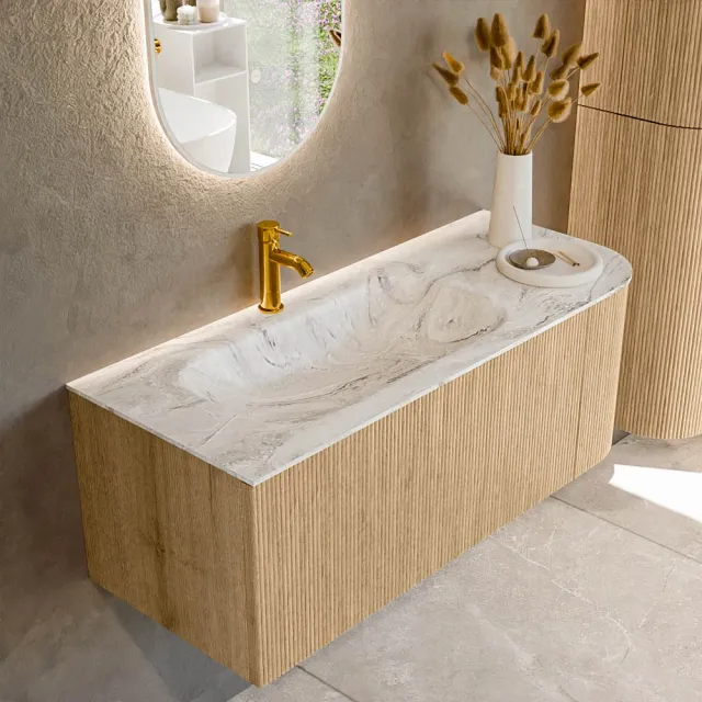 Mondiaz KURVE-DLUX 115 cm Onderkast Greeploos 1 Lade Met Deuren Oak, Wastafel Solid Surface Links Glace 1 Kraangat Zonder Spiegel (KRVBGS115R1L1D1KL-Oak/Gla)
