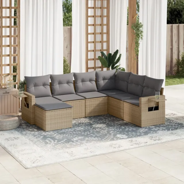 vidaXL 7-delige Loungeset met kussens poly rattan beige, foto 2