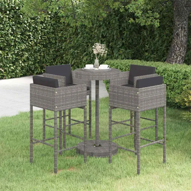 vidaXL 5-delige Tuinbarset met kussens poly rattan grijs, foto 2