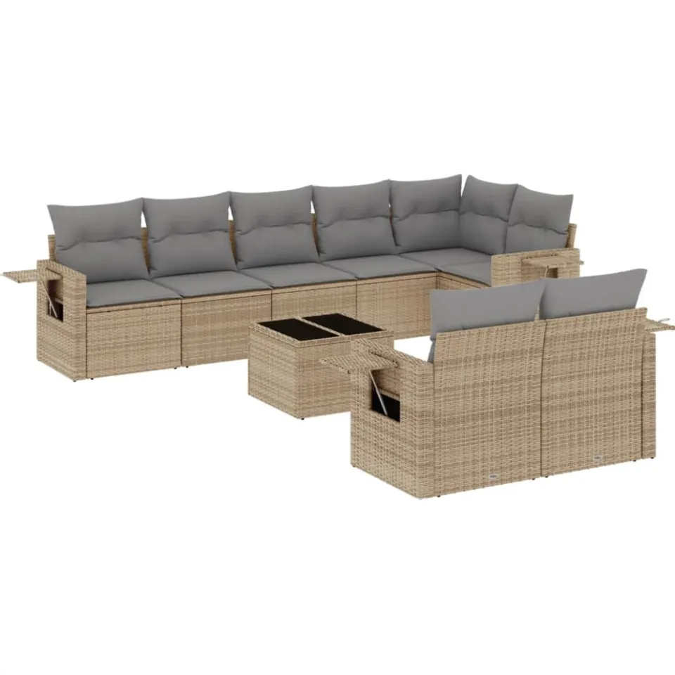 vidaXL 9-delige Loungeset met kussens poly rattan beige, foto 3