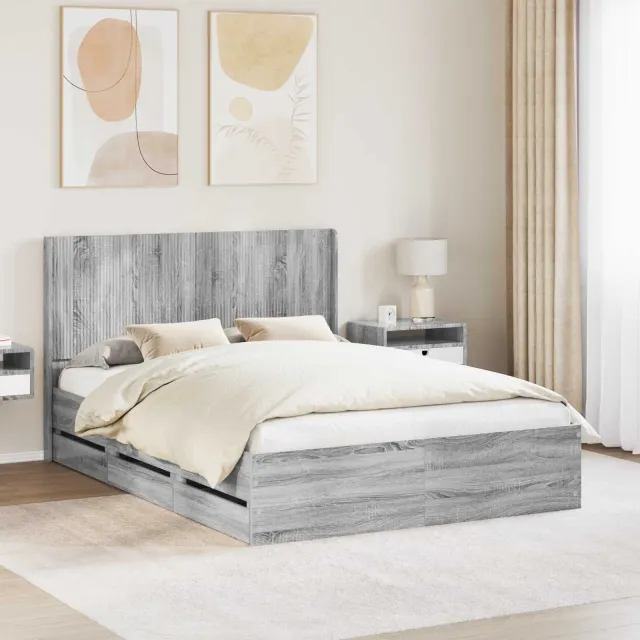 vidaXL Bedframe met opbergruimte en hoofdbord Grijs sonoma