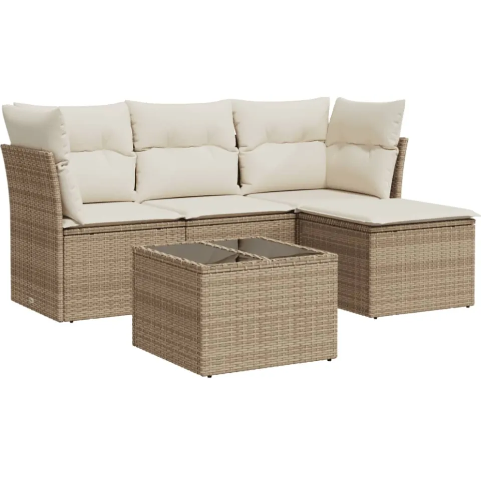 vidaXL 5-delige Loungeset met kussens poly rattan beige, foto 3