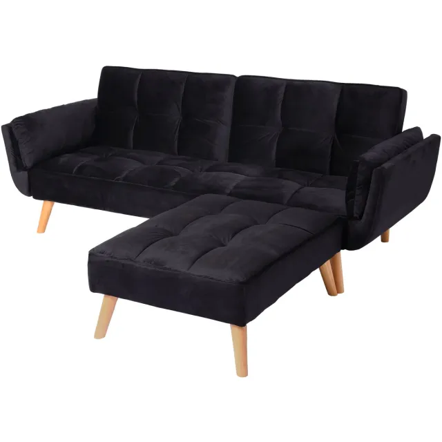 MCW Slaapbank MCW-K18 met voetenbank, slaapbank logeerbed, slaapfunctie 218x175cm ~ fluweel zwart