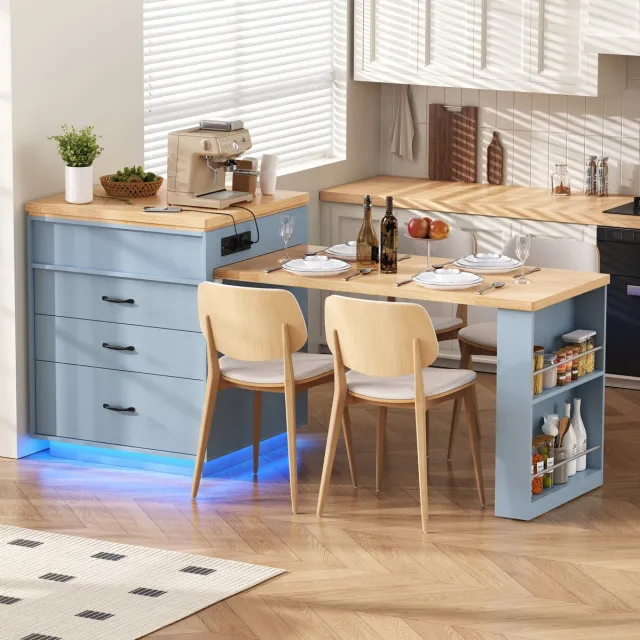 MODFU Uitschuifbare Eettafel Met Opbergruimte En Led-Verlichting - Blauw - MDF