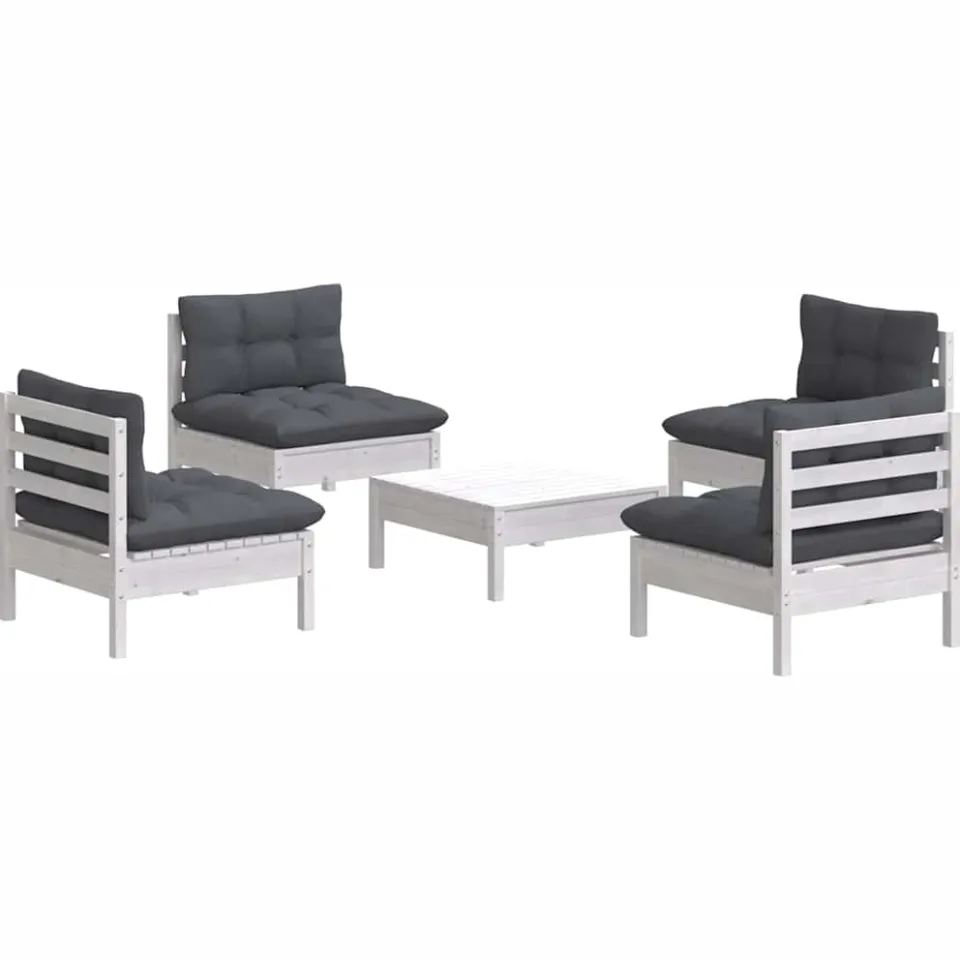 vidaXL 5-delige Loungeset met antracietkleurige kussens grenenhout Wit