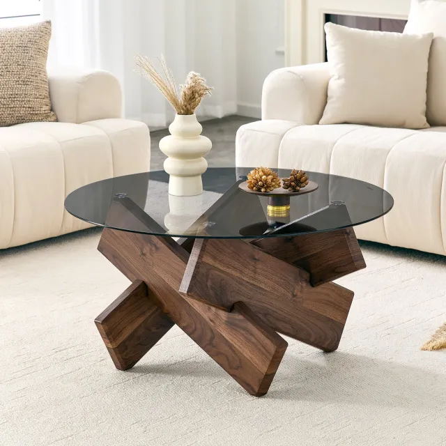 CHICFURN Salontafel - Rond - Gehard glazen blad - MDF onderstel - Walnoot