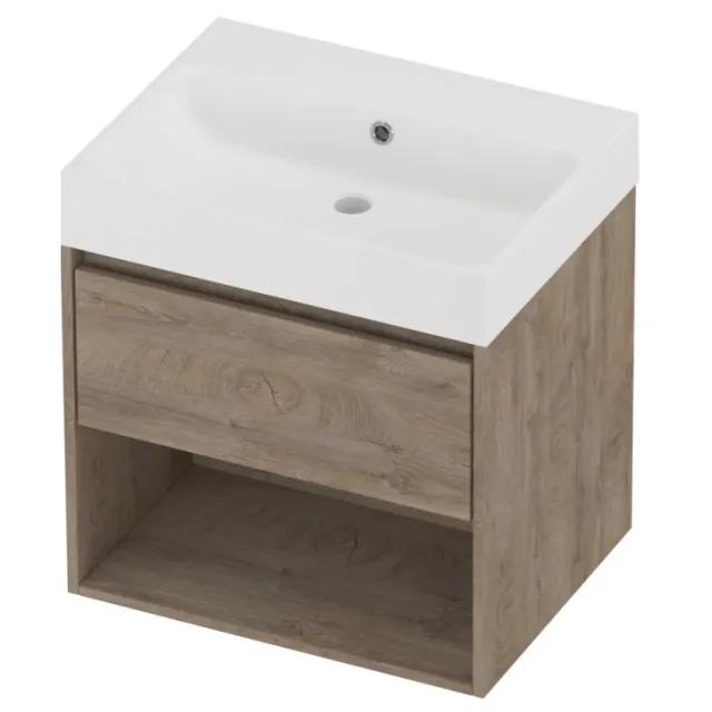 Proline Podium Badmeubelset Polystone Loft Zonder Kraangat Met Schap 60x46x62 cm Mat White Raw Oak Eiken