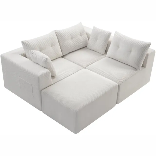 STILVORA Hoekbank 254 x 92 x 82 cm - Modulaire 4-Zitsbank Met Diepe Zit en Sierkussens - Voor Woonkamer en Appartement - Ribfluweel - Wit