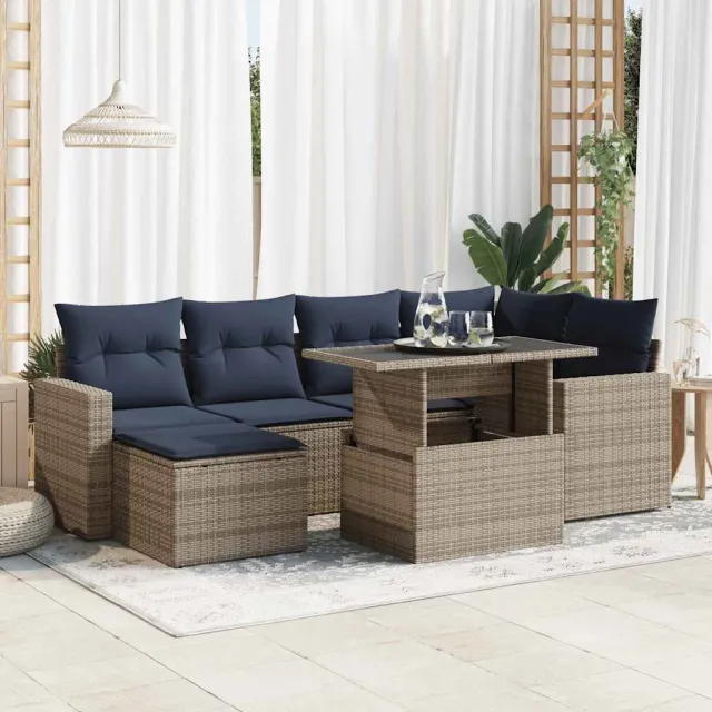 vidaXL 7-delige Loungeset met kussens poly rattan acacia grijs, foto 2