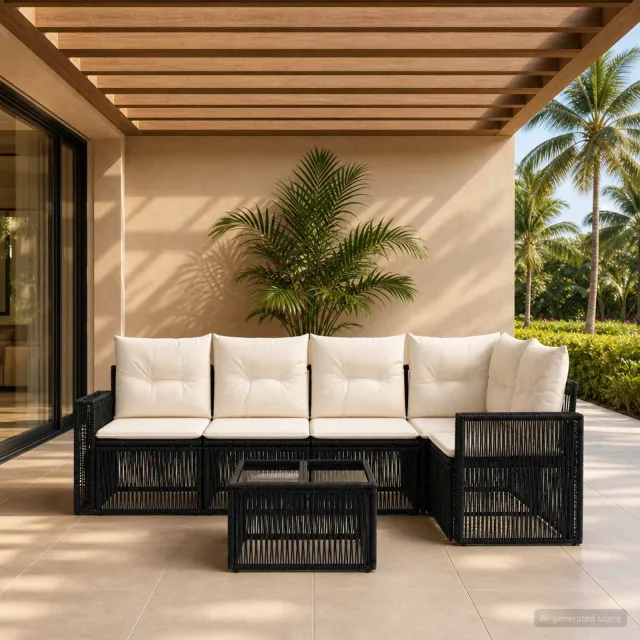 vidaXL Tuinbankenset 6 st 5-zits Zwart en Cream Wit poly rattan, foto 2