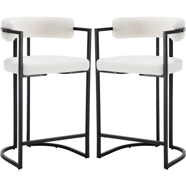 chairus Barkruk Set van 2 Barstoelen - Wit - Nepbont - U Vormige Rugleuning - Met Metalen Onderstel en Armleuningen - Gewatteerde Zitting - Niet Draaibaar - Vaste Hoogte