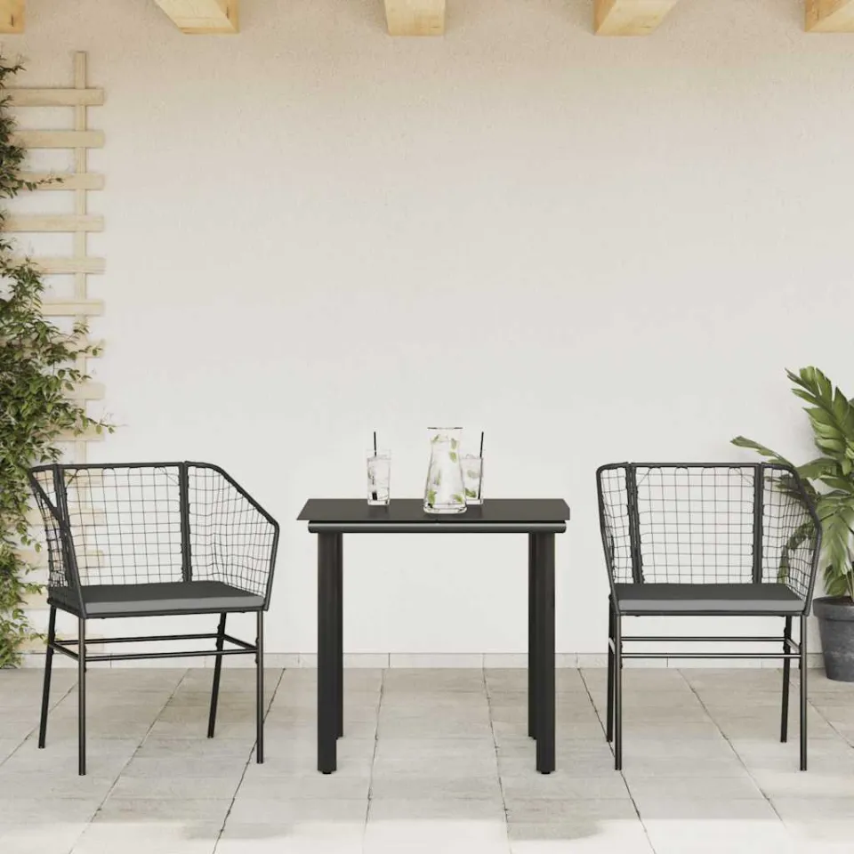 vidaXL 3-delige Tuinset met kussens poly rattan glas zwart, foto 2