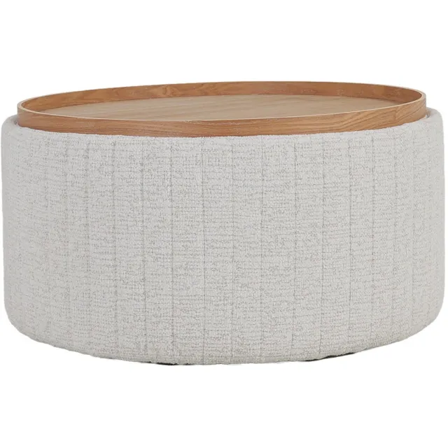 DÉJA Living Salontafel Angela Beige/Naturel – Rond – Met Opbergruimte – Chenille en Essenfineer – 81x81x42 cm