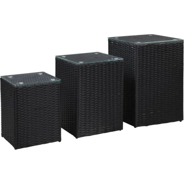 vidaXL 3-delige - Bijzettafelset - met - glazen - blad - poly - rattan - zwart