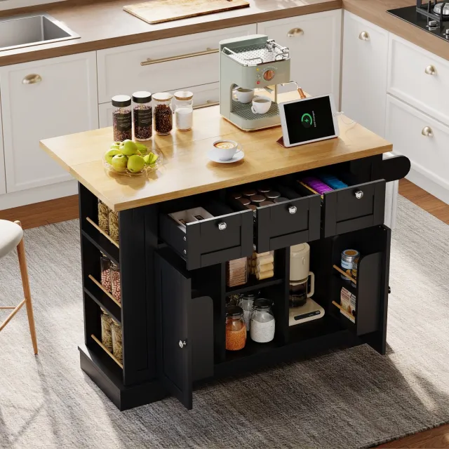 Sweiko Keukentafel - Opvouwbaar tafelblad - 3 lades - Kruidenrek - Handdoekenrek - Met stopcontact - Zwart