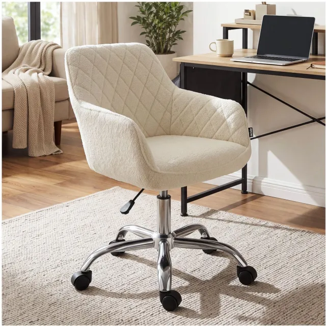 Tectake Bureaustoel - 360° Draaibaar - Gestoffeerde Eetkamerstoel op Wieltjes - Bouclé Bekleding - In Hoogte Verstelbare Draaifauteuil - Ergonomische Draaistoel met Armleuningen - Eetkamerstoel met Wielen - Wit