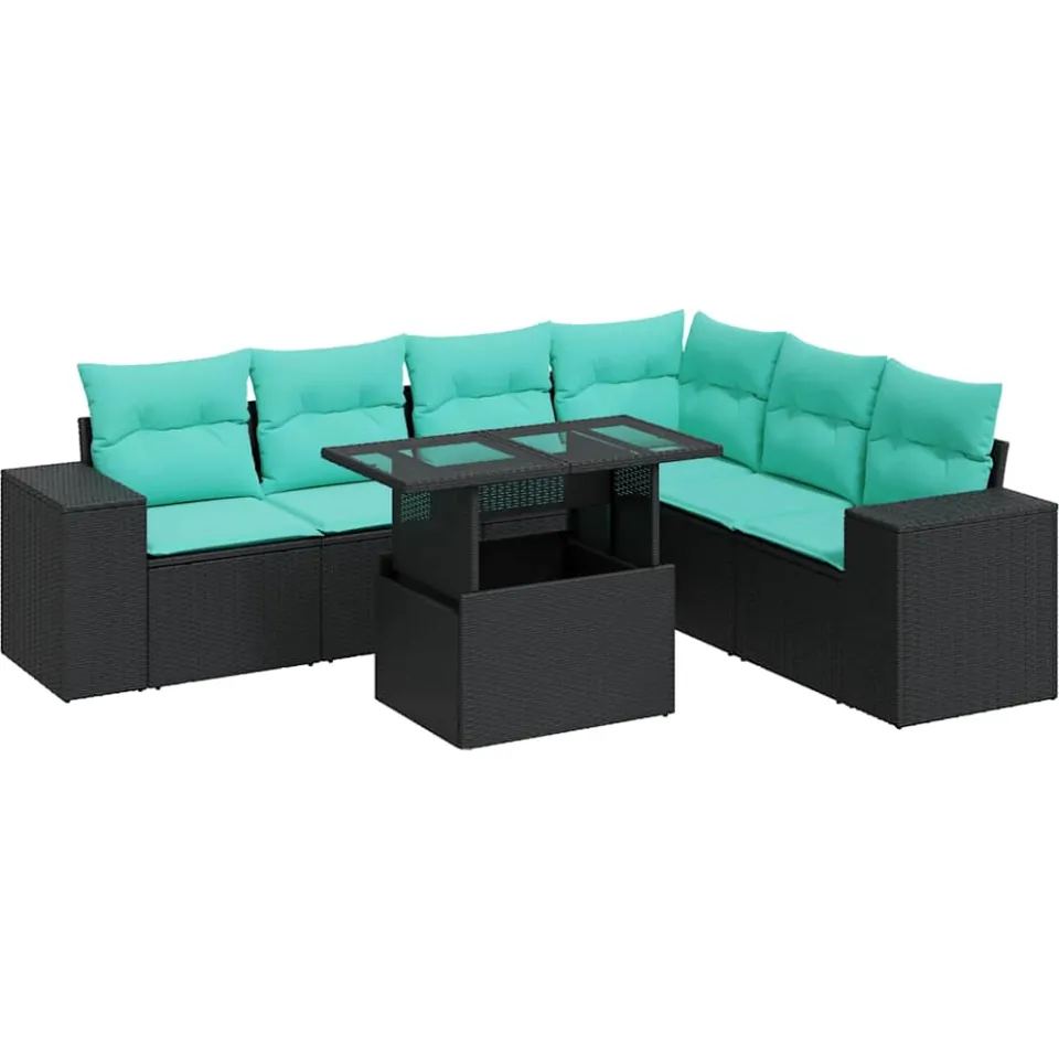 vidaXL 7-delige Loungeset met kussens poly rattan acacia zwart, foto 3