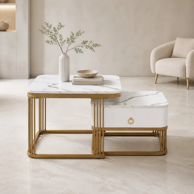 Maisentiel Salontafelset 2-delig - 60 x 60 cm - Nesttafels met lade - MDF - Wit/goud