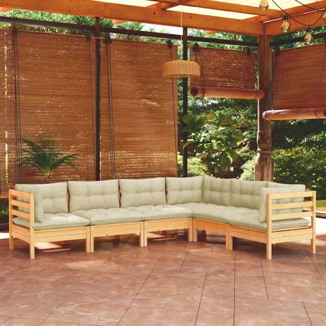 vidaXL 6-delige Loungeset met crèmekleurige kussens grenenhout, foto 2