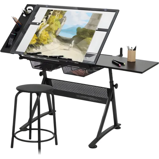 Happiq Glazen Tekentafel Verstelbaar - Tekenbureau voor Studio - Zwart Black
