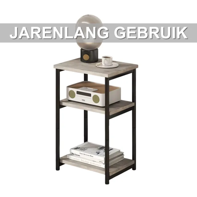 Happiq Smal Bijzettafeltje 3-Laags - Voor Slaapkamer & Woonkamer - Houten Nachtkastje met Opbergplank en Metalen Frame - Grijs Gray