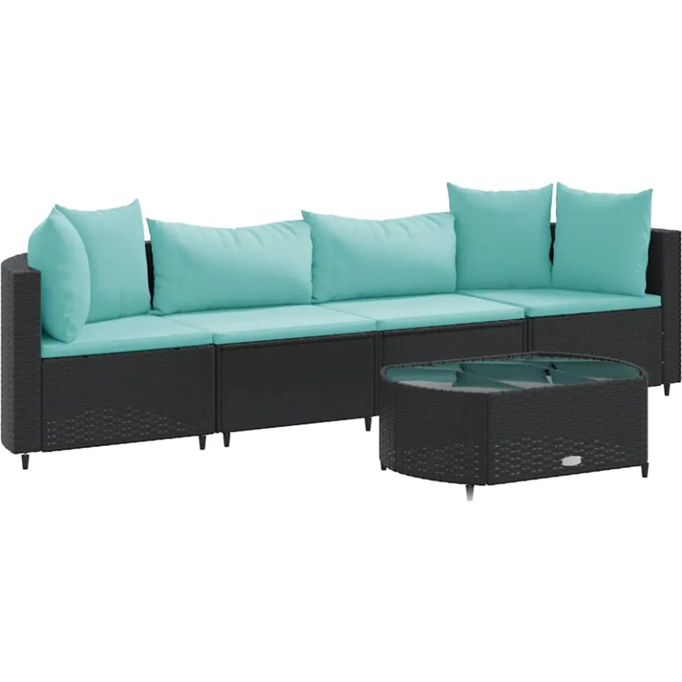 vidaXL 5-delige Loungeset met kussens poly rattan zwart, foto 3