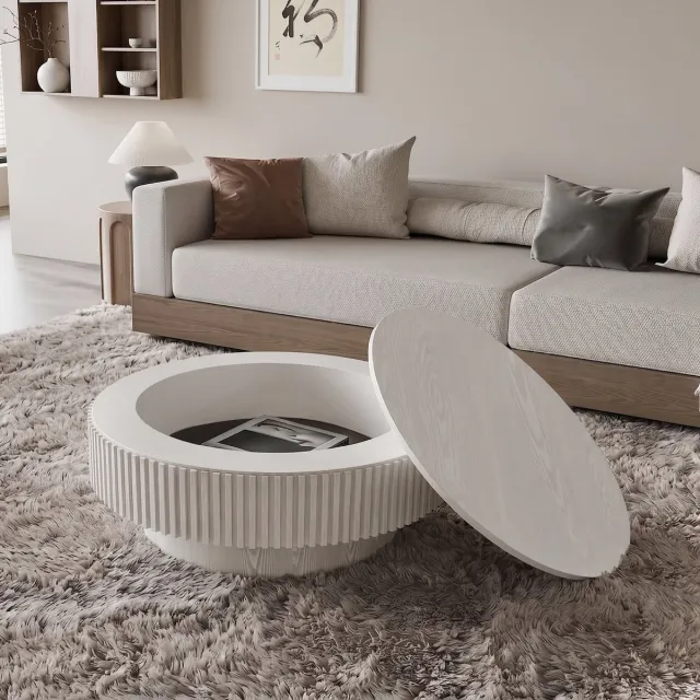 Welltin salontafel rond - salontafel met opbergruimte - 75x35 cm - Eettafel - Bijzettafel - Moderne Koffietafel - Bijzettafel - Theetafel - Woonkamer Tafel - Vintage wit