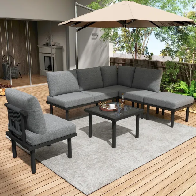 HAUSS SPOLE Tuinmeubelset 6-Delig - Loungeset Met Touwdesign - Verstelbare Poten - Glazen Tafelblad - Olefin Grijs