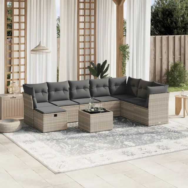 vidaXL 9-delige Loungeset met kussens poly rattan lichtgrijs grijs, foto 2