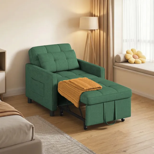 Bealife AR21 Slaapbank 1 Persoons - 3-In-1 Bank met Slaapfunctie - Verstelbare Bedbank - Sofa met Armleuningen voor Woonkamer Slaapkamer Logeerkamer -Donkergroen groen-ar21