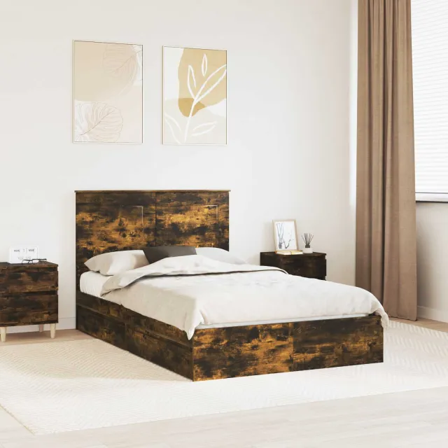 vidaXL Opslag bed Gerookt eiken 135 x 190 cm Bewerkt hout Bruin