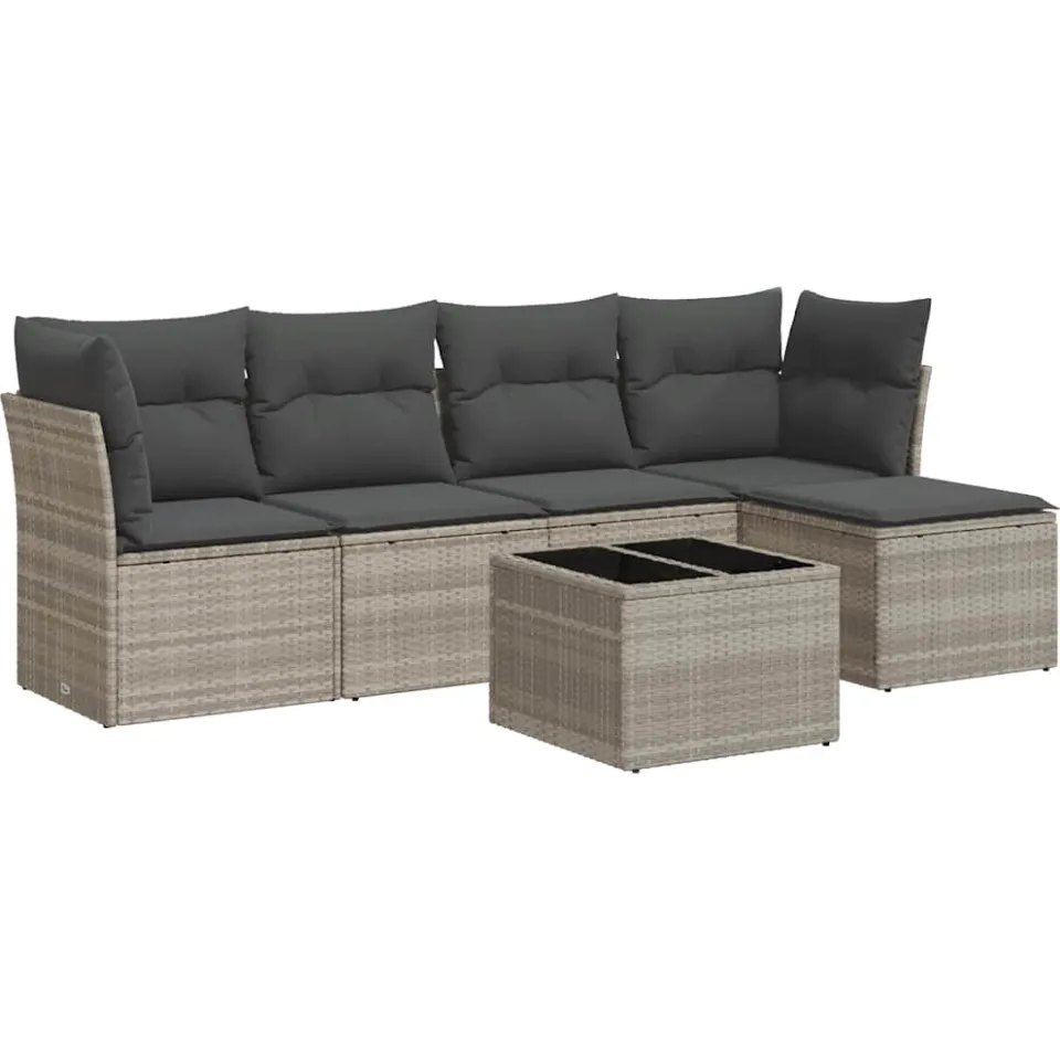 vidaXL 6-delige Loungeset met kussens poly rattan lichtgrijs grijs, foto 3