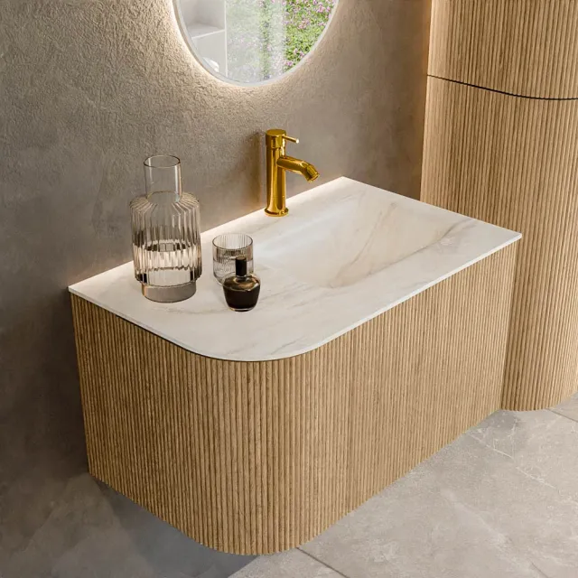 Mondiaz KURVE-DLUX 75 cm Onderkast Greeploos 1 Lade Met Deuren Oak, Wastafel Solid Surface Rechts Ostra 1 Kraangat Zonder Spiegel (KRVGRU75L1L1D1KR-Oak/Ost)