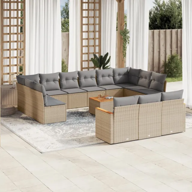 vidaXL 14-delige Loungeset met kussens poly rattan beige, foto 2