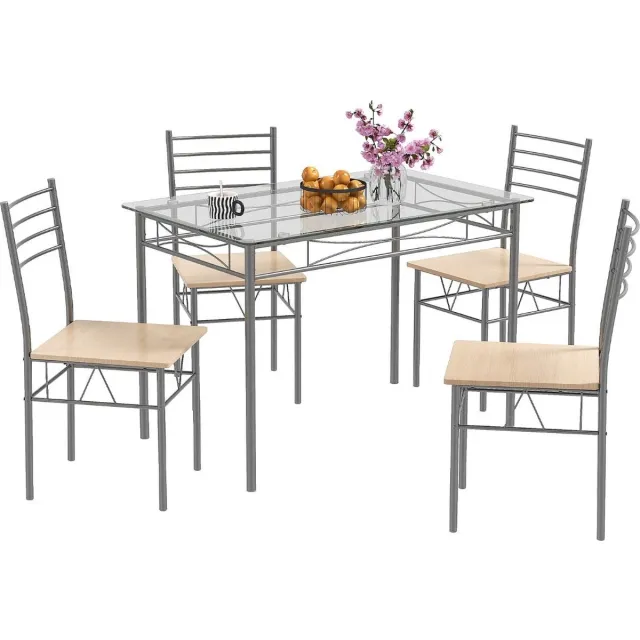 Costway SureDeal® - Eettafel Set - Keukentafel - Vier stoelen - Eettafel - 4 Personen - Roestbestendig - 107x70x76 cm - Tafel - Woonkamer - Eetkamer - Balkon - Glazen Tafelblad Zilver