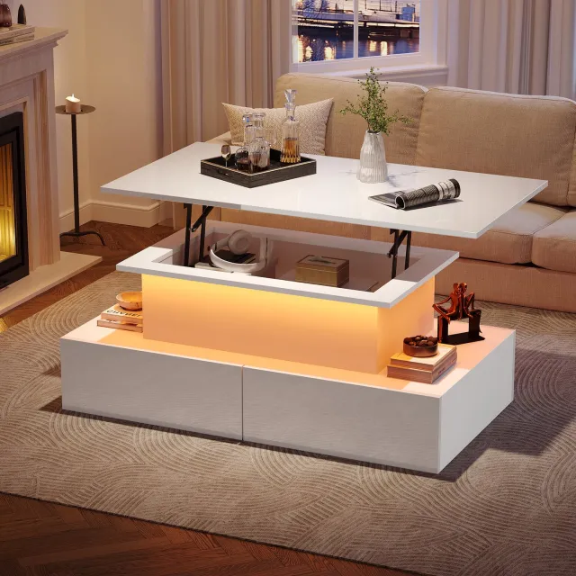 KOMHTOM Moderne witte hoogglans salontafel met LED-verlichting - 90×55×41 cm - Bijzettafel met 4 lades en opbergruimte - Draagvermogen tot 30 kg