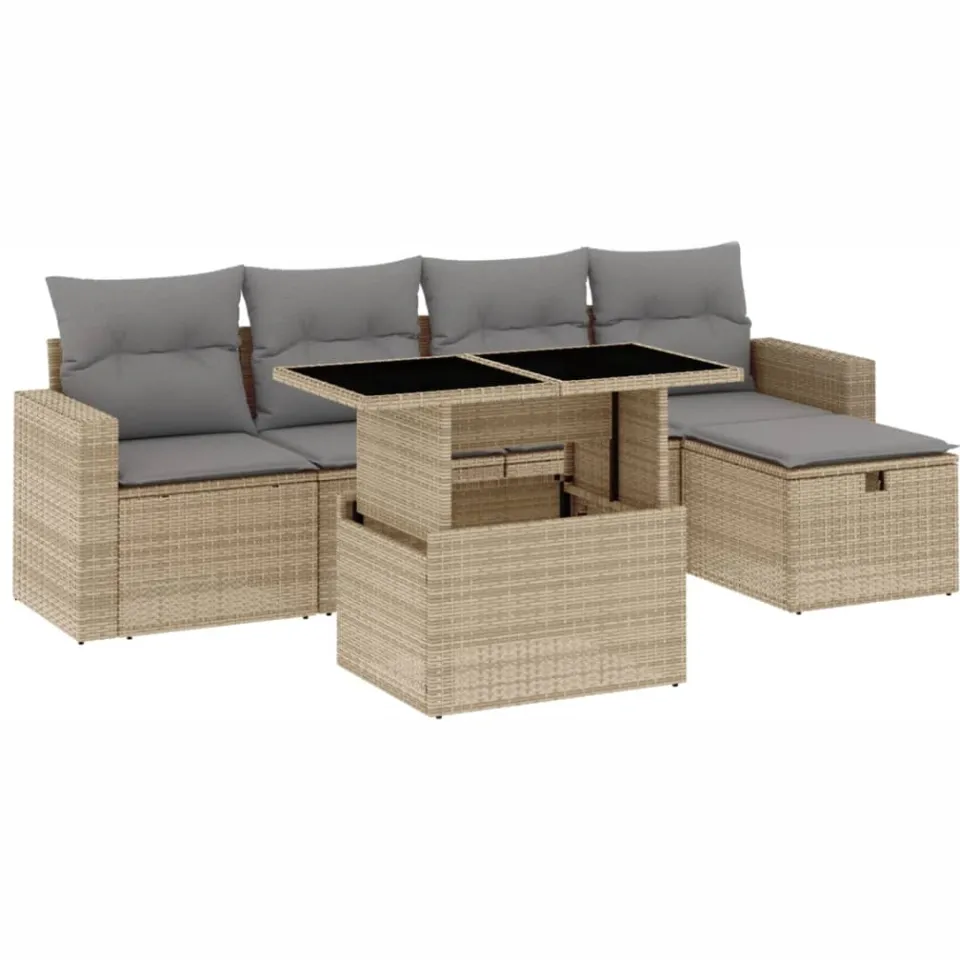 vidaXL 6-delige Loungeset met kussens poly rattan beige, foto 3